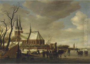A Winter Landscape, With Skaters On A Frozen River By A Church by Salomon van Ruysdael