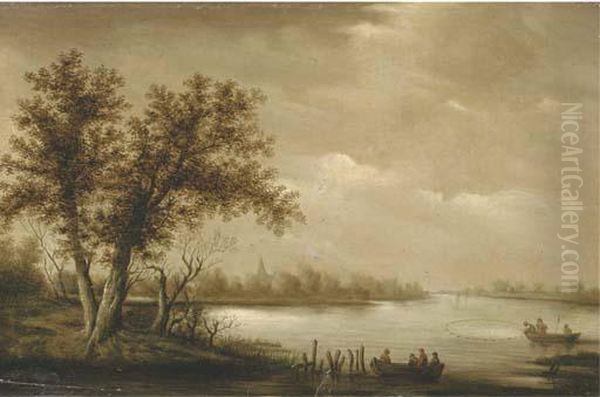 A Wooded River Landscape With Fishermen Bringing In Theircatch - view 1