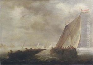 A Sailing Vessel And A Rowing
Boat In A Stiff Breeze Together Withother Shipping, A Village Beyond A Sailing Vessel And A Rowing
Boat In A Stiff Breeze Together Withother Shipping, A Village Beyond