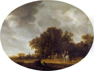 A Landscape With Horsemen And Travellers Before A Cottage, A Church Beyond by Salomon van Ruysdael