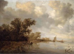 A River Landscape With A 
Ferryboat And Fishing-boat With A Man Shooting Ducks, A Town Beyond
