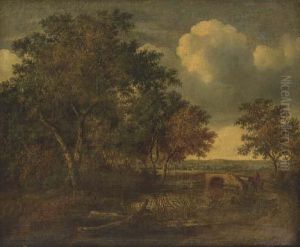 An Extensive Landscape With A Figure On Horseback Crossing Abridge by Salomon van Ruysdael