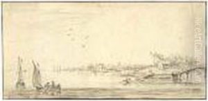 River Landscape With Two Small Boats To The Left And A Bridge To The Right River Landscape With Two Small Boats To The Left And A Bridge To The Right