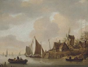 An Estuary Scene With Figures On The Bank And In Rowing Boatsbeside A Windmill
