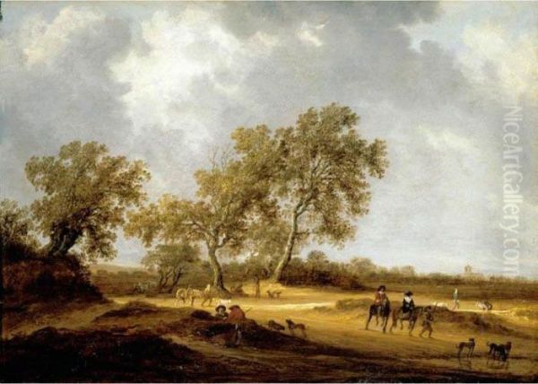 A Sandy Landscape With
Travellers On Foot And Mounted, Others Resting, A Church In The Distance - view 1