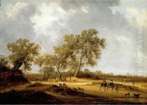 A Sandy Landscape With
Travellers On Foot And Mounted, Others Resting, A Church In The Distance A Sandy Landscape With
Travellers On Foot And Mounted, Others Resting, A Church In The Distance