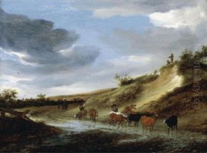 A Dune Landscape With Cattle And Drovers On A Muddy Road by Salomon van Ruysdael