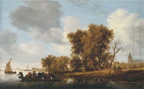 A Wooded River Landscape With Figures On A Bank Awaiting Theapproach Of A Ferry - view 1