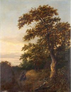 A Wooded Landscape With A Man Smoking