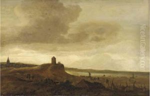 A Coastal Inlet With Travellers On A Track And Other Figures In The Foreground by Salomon van Ruysdael