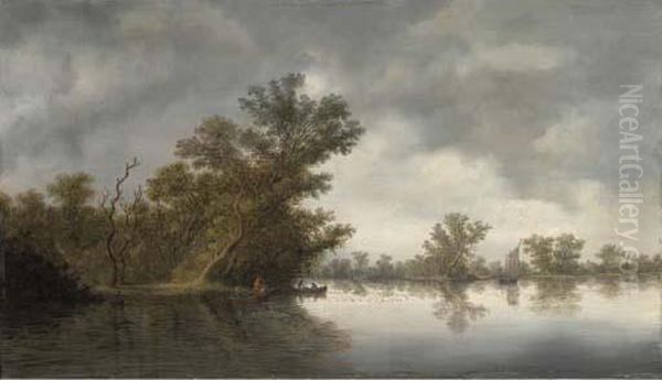 A Wooded River Landscape With Fisherman In Boats - view 1