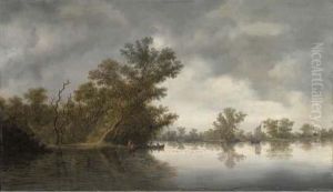 A Wooded River Landscape With Fisherman In Boats by Salomon van Ruysdael