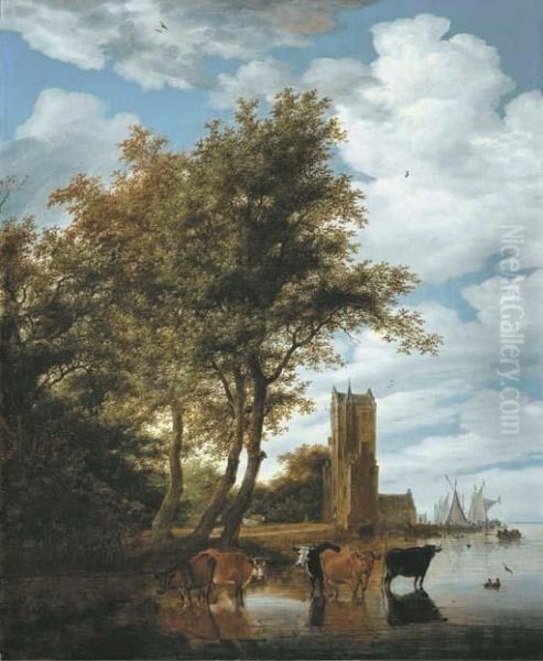 A River Landscape With The
Pellecussenpoort Near Utrecht, Five Cattle Wading In The Foreground And
Boats Moored At The Tower Beyond - view 1