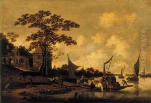 Bustling Ferry Landing by Salomon van Ruysdael
