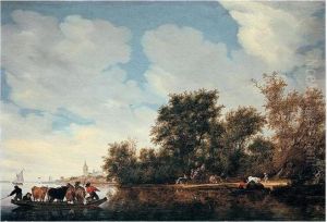 Signed And Dated On The Ferry Lower Left: by Salomon van Ruysdael
