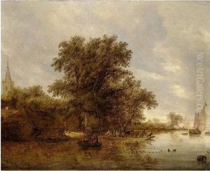 A River Landscape With Figures Crossing In A Ferry Before A Church