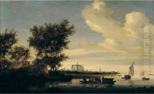 A Distant View Of Alkmaar With Peasants And Cattle On A Ferry In The Foreground