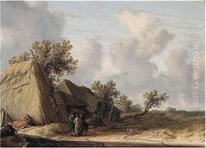 Landscape With Figures Conversing Before A Haystack And Farm Buildings by Salomon van Ruysdael