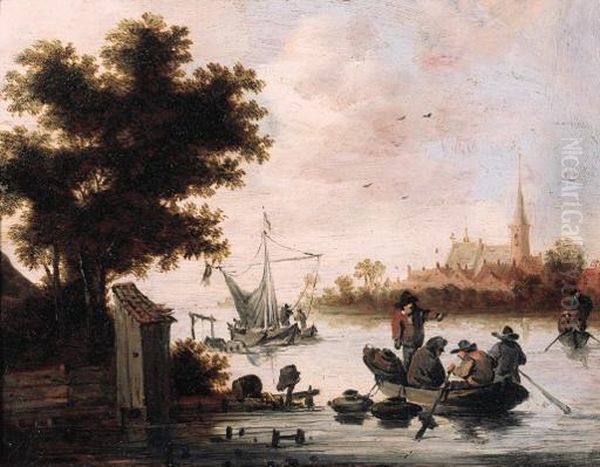 Fishermen Laying Lobster Pots
From A Rowing Boat On A River,shipping And A Village Beyond, At Sunset - view 1