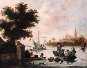 Fishermen Laying Lobster Pots 
From A Rowing Boat On A River,shipping And A Village Beyond, At Sunset