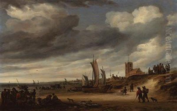 The Beach At Egmond-aan-zee, With Figures And Boats On Theshore - view 1