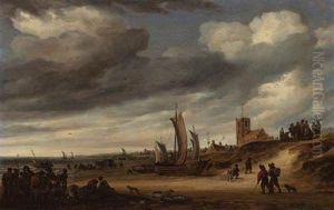 The Beach At Egmond-aan-zee, With Figures And Boats On Theshore