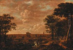 An Extensive Wooded Landscape With A Traveller, A View Of Haarlem(?) Beyond