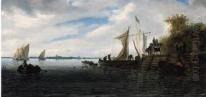 A River Landscape With Figures On A Jetty And Sailing Boatsbeyond