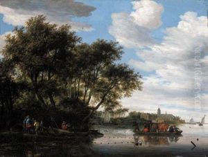 A View Of The River Vecht, With A
 Ferry And Fishermen Unloadingtheir Boat, Nijenrode Castle Beyond