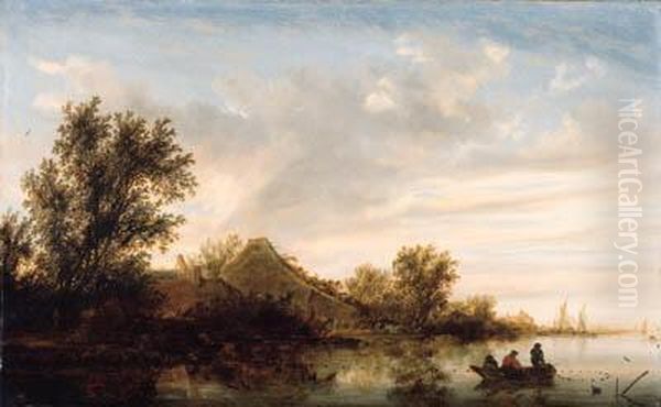 A River Landscape With Fishermen
 In Rowing Boats And Peasants By Alanding Stage By A Farmhouse, Shipping
 Beyond - view 1