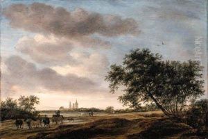An Extensive Landscape With A Drover And Cattle On A Path, Egmondabbey Beyond