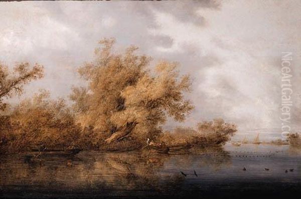 A Calm: A Wooded River Landscape
With Fishermen And Sportsmen Inrowing Boats, Sailing Ships Beyond - view 1