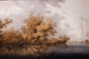A Calm: A Wooded River Landscape
With Fishermen And Sportsmen Inrowing Boats, Sailing Ships Beyond by Salomon van Ruysdael
