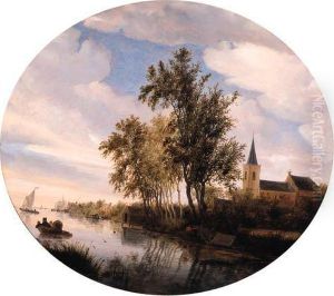 A Village By A River With 
Fishermen In Rowing Boats Moored Near Theshore, Ferries And Sailing 
Ships Setting Out Beyond, At Dawn, On Acloudy Day