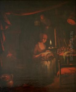 Lacemaker Working By Candlelight by Godfried Schalcken