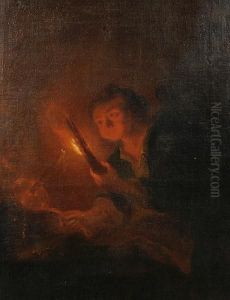 A Boy Blowing On A Firebrand To Light Acharcoal by Godfried Schalcken