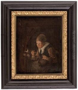 Frau Beim Essen Vor Ollampe by Godfried Schalcken