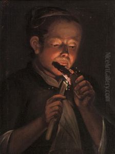 A Young Man Blowing His Torch To Light A Candle by Godfried Schalcken