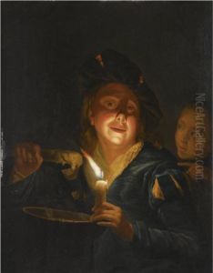 A Young Boy Lighting A Candle by Godfried Schalcken