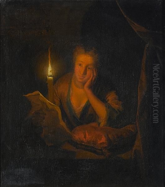 A Lady Contemplating A Letter Bycandlelight - view 1