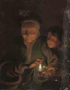 An Old Woman And A Young Boy Lighting Candles by Godfried Schalcken