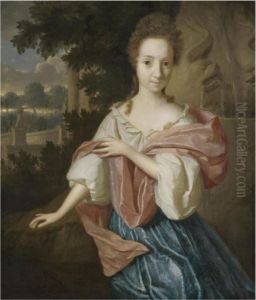 Portrait Of A Lady, Three 
Quarter Length, Wearing A White Chemisette, A Blue Skirt And A Red 
Shawl, A Landscape And Fountain Beyond