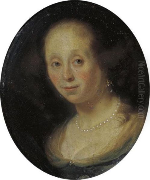Portrait Of A Woman,
Bust-length, Wearing A Dark Green Dress With Mousseline, And A String Of
Pearls - view 1