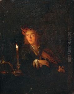 Tillskriven. Violinist Vid Stearinljus. Duk, Dubblerad, 42x33 by Godfried Schalcken