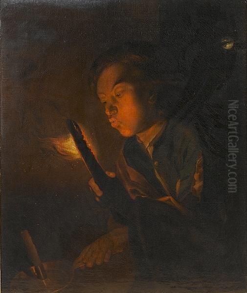 A Boy Blowing On The Embers Of A Piece Of Wood And Holding A Candle - view 1