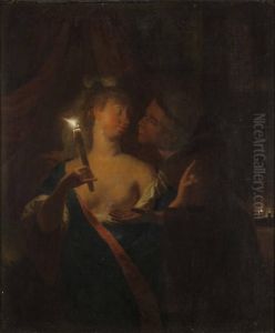 Figurer I Skenet Av Levande Ljus. Uppfodrad Duk 53 X 44 Cm by Godfried Schalcken