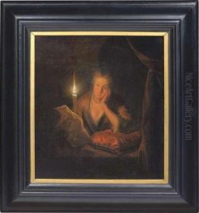 A Young Woman Reading A Letter By Candlelight. Signed by Godfried Schalcken