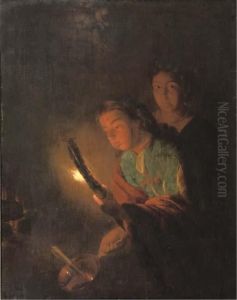 A Young Man Blowing His Torch To Light A Candle by Godfried Schalcken