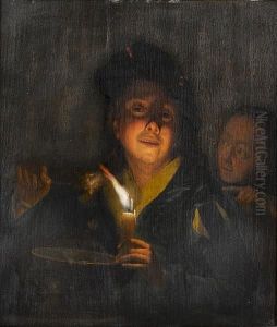 A Young Man Eating By Candlelight, A Young Woman Looking Over His Shoulder by Godfried Schalcken