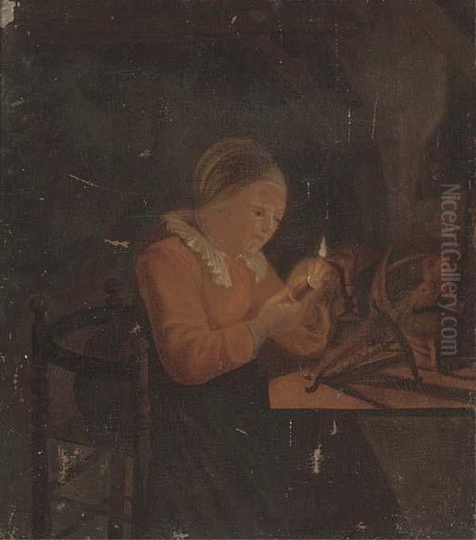 A Lady Sewing By Candlelight - view 1